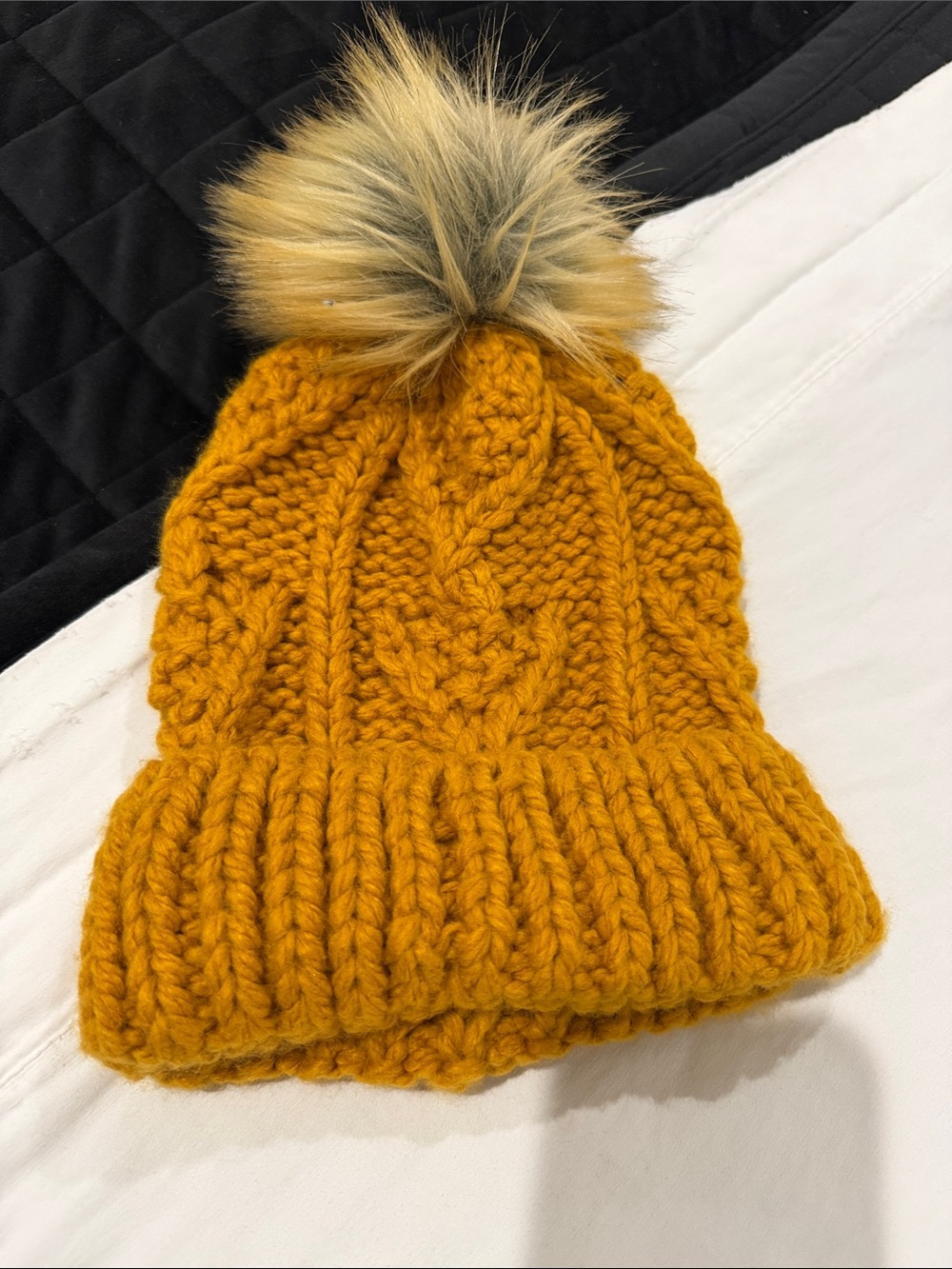 Chunky Cable Knit Pom Beanie - Mustard Yellow